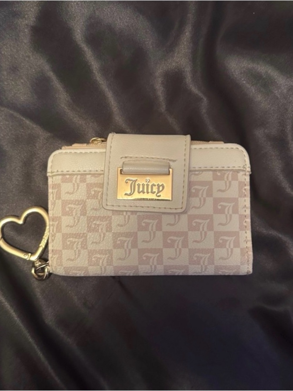 Juicy Couture Beige Monogram Compact Zip Wallet with Heart Charm